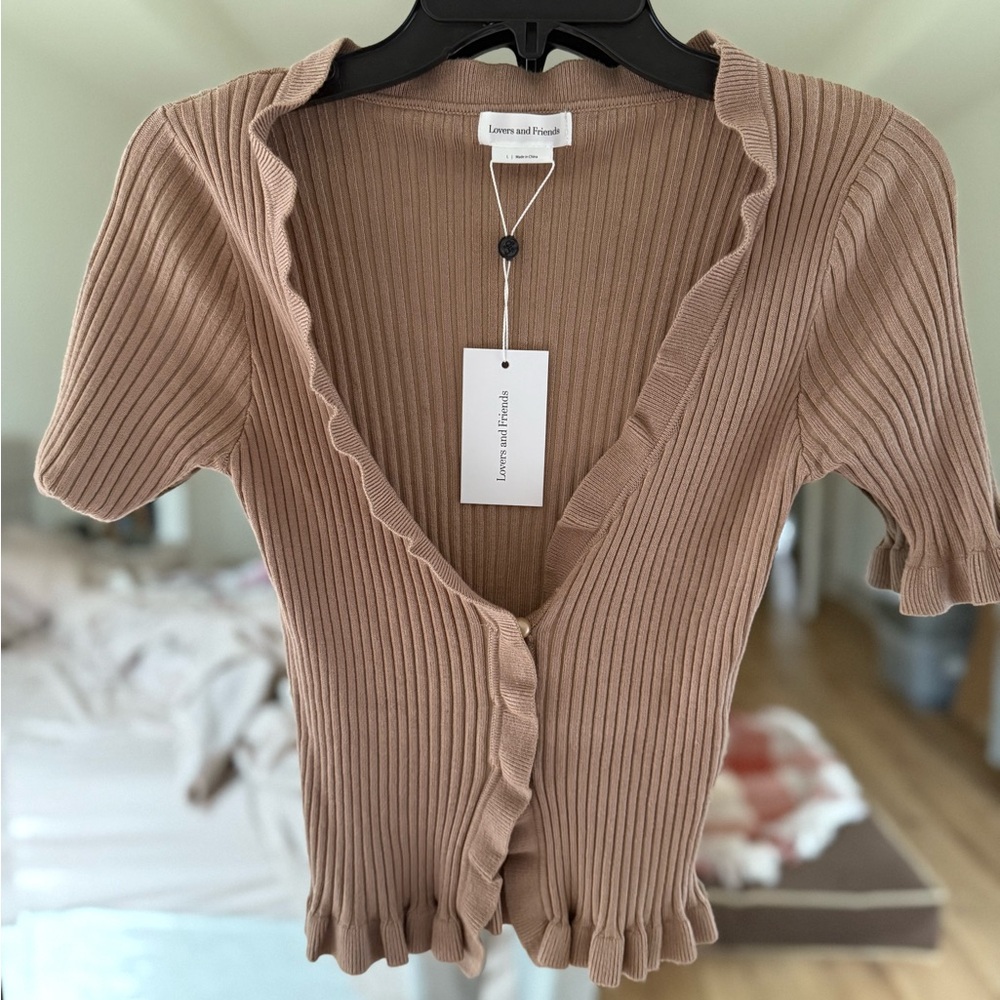 Lover and friends Ribbed Tan Cardigan with Ruffle Trim